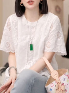 YUFUQING | Heavy Embroidery Lace T-Shirt Womens Summer New Style Loose Fit Short Sleeve Round Neck Korean Version Luxury Sensation Top