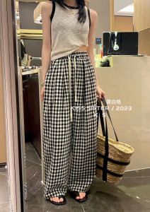 Kisssister Summer Thin Cotton Linen Comfortable Plaid Wide Leg Pants High Waist Slimming Long Legging Korean Style Commute