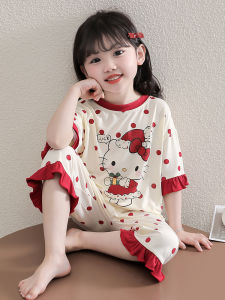 Girls Summer Thin Modal Kitty Cat Sleepwear Home Clothes Anti-static Moisture Wicking Antibacterial Childrens Clothing