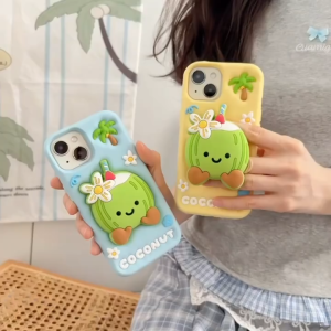 3D telescopic stand cartoon coconut silicone phone case for iPhone 13 14 15 16 Pro Max casing Soft silicone cover for iPhone14Promax case