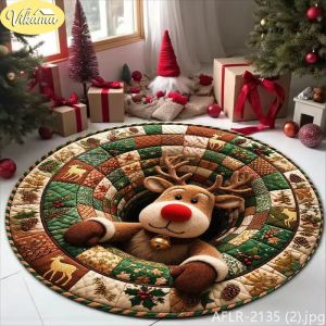 Cartoon Blue Snowman Christmas Rug Non-Slip Absorbent Round Living Room Carpet Festive Xmas Home Decor Holiday Party Supply
