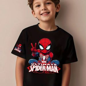 Hasbro | Summer Childrens T-shirt Trendy and Cool Spider Man Cartoon Print Pure Cotton Round Neck Parent-child Outfit Short Sleeved