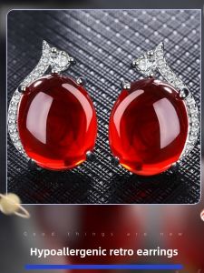Elegant 925 Sterling Silver Ear Cuff for Women Red Agate Gemstone Fashionable Versatile Luxury Feel New 2025 Style Jewelry Ear Studs