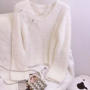 เสื้อสเวตเตอร์ถักคอวีแขนยาวทรงหลวมสำหรับผู้หญิง ทรงสั้น ลายดอกไม้ 3 มิติ อบอุ่น นุ่ม สบาย ใส่ได้ตลอดทั้งปี แฟชั่นฤดูหนาว