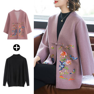 Stylish Knitted Short Coat for Middle-Aged Women Autumn Fashion Large Size Top Ethnic Style Loose Fit Embroidered Cardigan