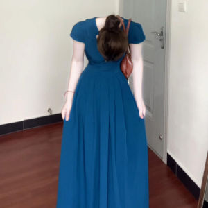 SHULINMEI | Đầm Dài Cổ Sơ Mi Xanh Cho Mặc Đi Làm Mùa Thu 2025 Phong Cách Pháp