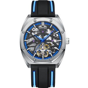 men full skeleton tonneau mechanical watch 30m water resistant luminous screw down crown two tone silicone strap 42mm large dial