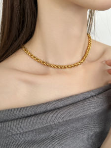 Trendy Gold Woven Titanium Steel Necklace Womens Chunky Chain Design Sense Ins Clavicle Chain Fashion Jewelry Accessory