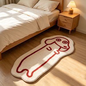 VIKAMA Minimalist Line Drawing Dachshund Shaped Long Fluffy Rug Cute Irregular Non Slip Bedside Bedroom Floor Mat Home Decor
