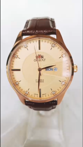Đồng hồ ORIENT Nam Chính hãng Side lớn Mặt vàng .Dây da nâu sang trọng .Máy quạt nhật Hàng mới 100%