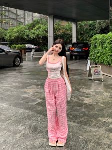 VKSOD | ชุดลำลองฤดูร้อนปี 2025 เสื้อสายเดี่ยวหวานและเผ็ดร้อน กางเกงขายาวเอวสูงหลวมๆ ชุดสองชิ้นสำหรับผู้หญิงบ้านๆ