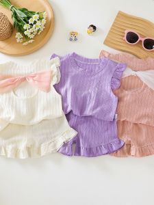 Sweet Bow Flounce Sleeve Hem Ruffled Childs Outfit