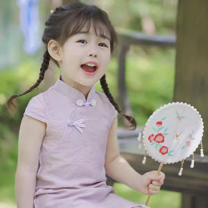 Girls Cheongsam Summer Chinese Style Reformed Dress Baby Pure Color Stand Collar Children Retro Style Clothing Floral Pattern