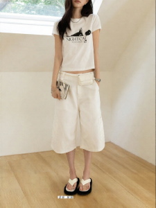 VNOOK | Quần Cotton Vintage Thiết Kế Thoáng Mát Mid Waist Dài 3/4