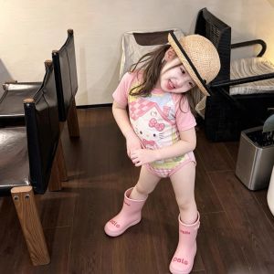 Short Sleeve Check Cute KT Cat Quick Dry Swimsuit