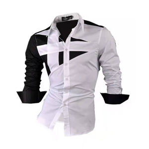 Personalized Spliced Long Sleeve Men's Shirt: Individual Personality Clothing & Polyester Fabric Slim Fit