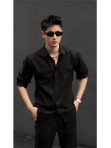 Áo Sơ Mi Nam Tay Ngắn Vải Lụa Băng Thời Trang Ôm Vừa Vặn Phong Cách Neapolitan Cổ Vuông Màu Trơn Mùa Hè Thường