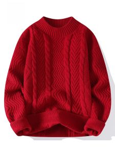 ROMON | Loose Casual Red Knitted Sweater For Men Romon Brand Fashionable Winter Season Round Neck Long Sleeve Thermal Top For New Year