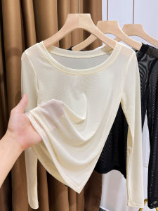 Womens Lace Base Shirt Thin Tight Mesh Spring Autumn New Style Large Collar Lace Underwear Short Sleeve round Neck Pure Color