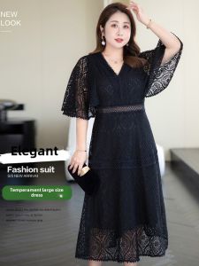 plus Size Lace Dress Women Summer New Style 300 Pounds Extra Large Loose Fitting Belly Covering Slimming High Waist A-Line Dress
