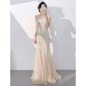 Champagne One-Shoulder Mermaid Sequin Evening Dress