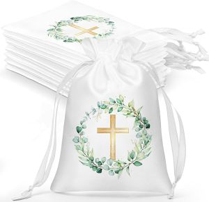 10 Pcs Baptism Satin Gift Bags with Drawstring 4 X 6 Inch Religious Gift Bags for Baptism First Communion Party Favor