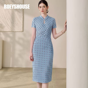 Roey s house | Elegant Chinese Style Blue Polka Dot Slim Fit Cheongsam Dress