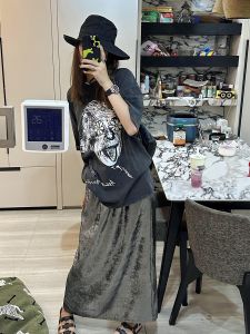 Silver Metal A-Line Midi Skirt with Back Split Design And Elastic Waist Long Black Silver Half Body Skirts for Women