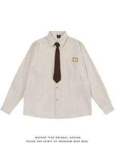 เสื้อเชิ้ตแขนยาวหลวมๆ ลายทางแนวตั้ง MOISHE TIDE สำหรับผู้ชายและผู้หญิง ฤดูใบไม้ผลิและฤดูใบไม้ร่วง เสื้อเชิ้ตสตรีทที่สวมใส่ได้หลากหลาย