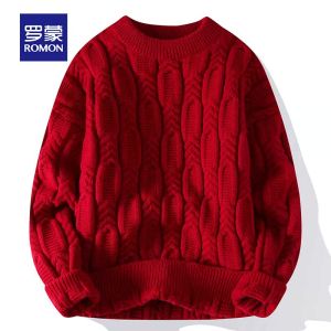 ROMON | Romon Mens Round Neck Knitwear Winter New Style Red Dragon Year Base Layer Fashion Casual Loose Fit Long Sleeve Sweater
