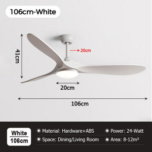 LANTU 106cm Large 6 Speed Wind 3 Blade Frequency Conversion White Wood Ceiling Fan with LED Lighting Tricolor Lamp for Bedroom Dining Room Restaurant Study Office Fan Lighting
