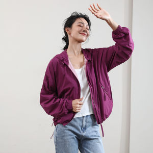 Miccbeirn | Fashionable Textured Short Hooded Outdoor Casual Womens Jacket British Style Purple New Arrival Autumn Season Compact Size