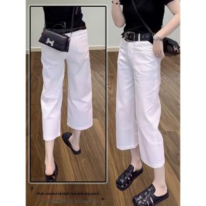 French Design High Waist Wide Leg White Pants