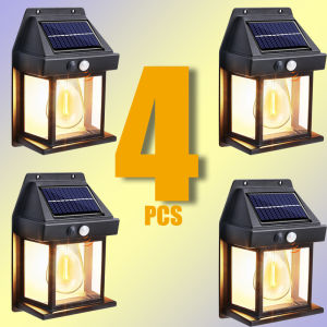 1-4Pcs Solar-Powered Waterproof Outdoor Wall Light with Motion Sensor Tungsten Filament Garden Yard Decoration LED Lamp 3 Modes