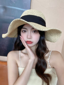 Womens Large Brim Straw Hat Summer Beach Vacation Foldable Sun Protection Butterfly Knot Casual Style round Top Cap for All Ages