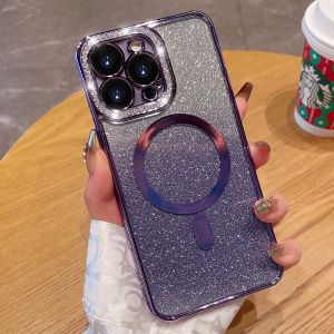 Kisscase Ốp sạc không dây Magsafe dần dần kim cương giả sang trọng cho iPhone 15 Pro Max 14 Plus 13 12 11 Pro Max nhựa PC trong suốt bảo vệ ống kính máy ảnh kim cương Vỏ lưng điện thoại kẹt giấy chống sốc