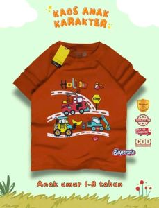 Kaos Anak Distro LAKI LAKI Premium kartun Distro pakaian Motif TRUCK 3Kendaraan MERAH BATA anak cowok Kaos Warna DT Kids