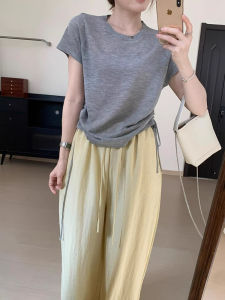 Design Sensation Drawstring round Neck Short Sleeve T-Shirt Women Summer Thin Loose Slimming Ice Silk Knitted Mesh Top