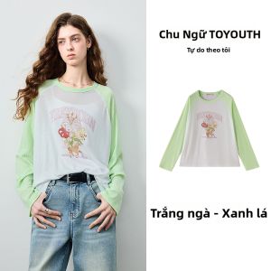 Toyouth | Áo Thun Dài Tay In Chữ Màu Đối Lập Cổ Tròn Tay Raglan Rộng
