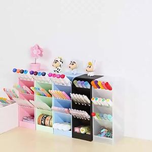 Home Desk Organizer Multi‑Compartment Plastic Storage Holder Vertical Slant Stationery Caddy for Home Bedroom Office Desktop