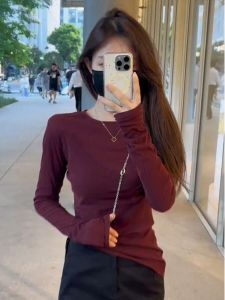 Chic Korean Wine Red Long Sleeve T-Shirt Womens Spring Autumn Slim Short Style Inner Wear Sweet And Spicy Top