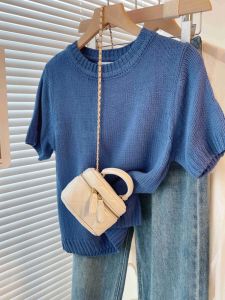 PAIBOLI | Lightweight Blue Knitted Short Sleeve Top For Commuting Skin-friendly Breathable Design Summer Fashionable Essential Shirt