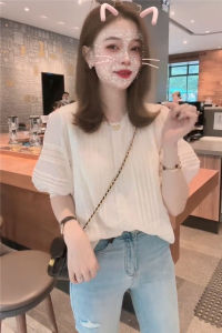 French Style Short Sleeve Hollow out Design Thin Doll Shirt Bubble Sleeve Cotton Polyester Blend round Neck Casual Top for Women