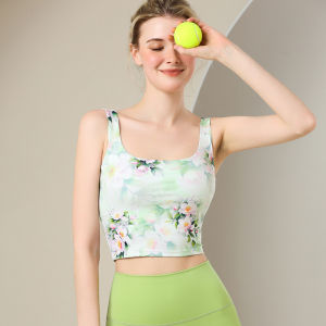 Colorful Print Yoga Top with Chest Pad Sports Vest Gym Running Set Womens Summer Fitness Clothing Nylon Spandex Nine-Piece Pants