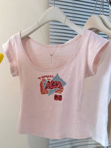 เสื้อยืดคอวีแขนสั้นผ้าฝ้ายปมไม้ ทรงสลิมฟิต สไตล์หวานและเผ็ดร้อน สำหรับผู้หญิง เสื้อยืดลายมะพร้าว สีขาว เสื้อผ้าทำงานฤดูร้อน