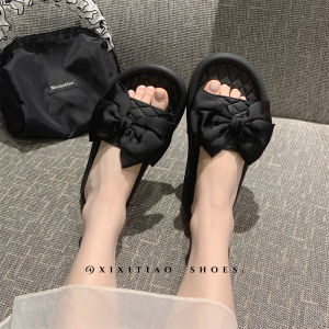 Summer Womens Flat Bottom Beach Sandals Slip-On Slippers Fine Strips Anti-Slip Soft PVC Butterfly Knot Trendy Cool Shoes