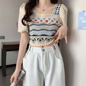 Áo Thun Dệt Kim Cổ Vuông Tay Ngắn Khoét Sâu Phong Cách Dân Tộc Mùa Hè Thiết Kế Mới Cho Nữ Áo Ngắn Siêu Ngắn Cổ Tròn