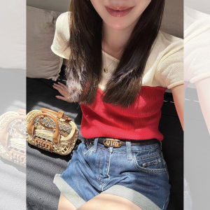 Yumomo Summer Cotton Knitted T-Shirt And Folded Jeans Shorts Set Womens Fashion Two-Piece Suit round Neck Short Sleeve