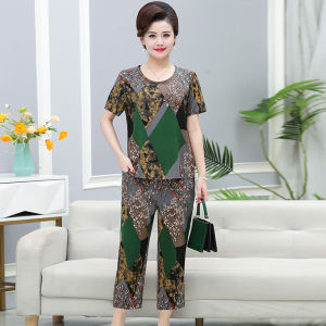 ฤดูร้อน ประดิษฐ์บาง ผ้าฝ้าย ชุดบ้านแขนสั้น ลำลอง ผ้าไหม สองชิ้น ชุดสูท สําหรับคุณแม่วัยกลางคน