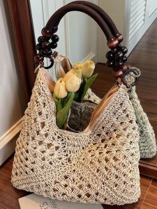 Trendy Beachside Hollow out Straw Woven Shoulder Bag Womens Casual Style Handbag Shopping Basket Shape Soft Handle Bag